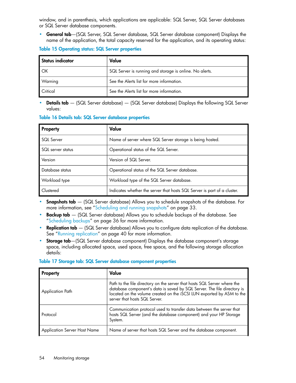 Operating status: sql server properties, Details tab: sql server database properties | HP X1000 Network Storage Systems User Manual | Page 54 / 68
