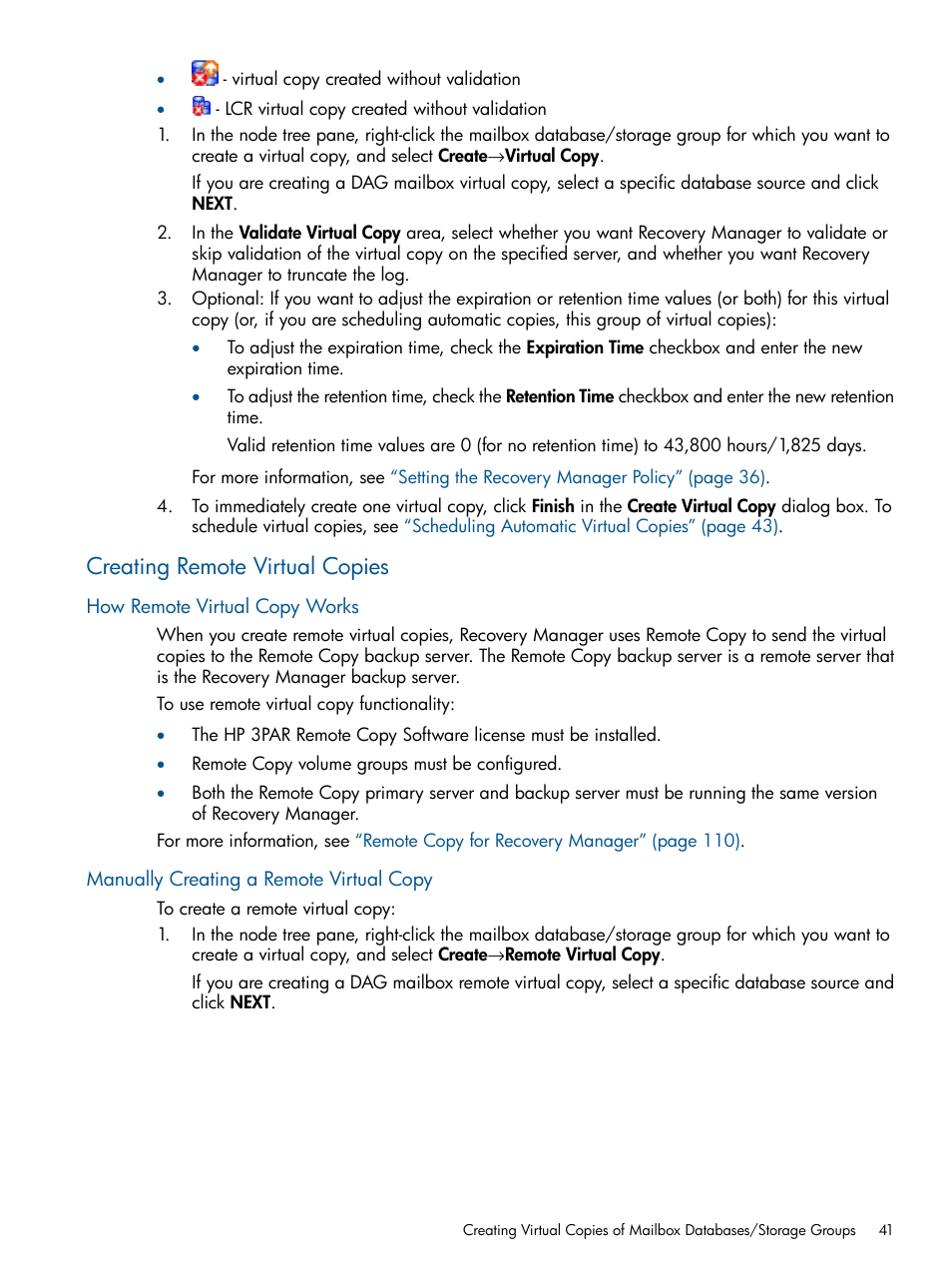 Creating remote virtual copies, How remote virtual copy works, Manually creating a remote virtual copy | HP 3PAR Application Software Suite for Microsoft Exchange User Manual | Page 41 / 143