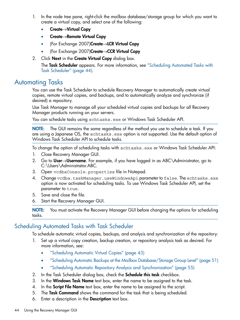 Automating tasks, Scheduling automated tasks with task scheduler | HP 3PAR Application Software Suite for Microsoft Exchange User Manual | Page 44 / 143
