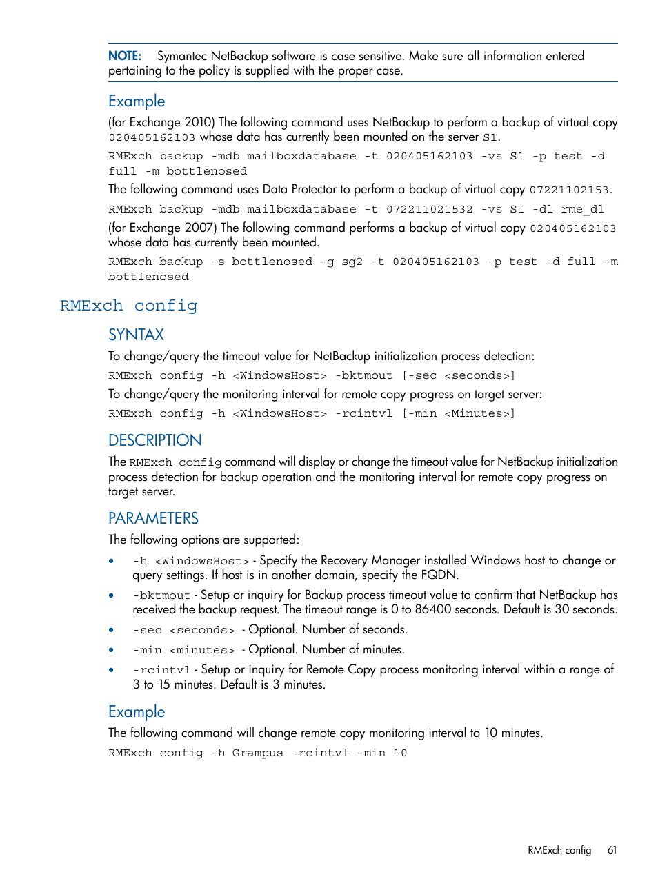 Rmexch config, Example, Syntax | Description, Parameters | HP 3PAR Application Software Suite for Microsoft Exchange User Manual | Page 61 / 143