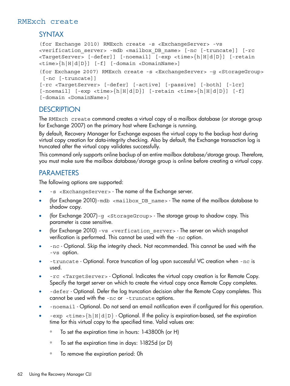 Rmexch create, Syntax, Description | Parameters | HP 3PAR Application Software Suite for Microsoft Exchange User Manual | Page 62 / 143