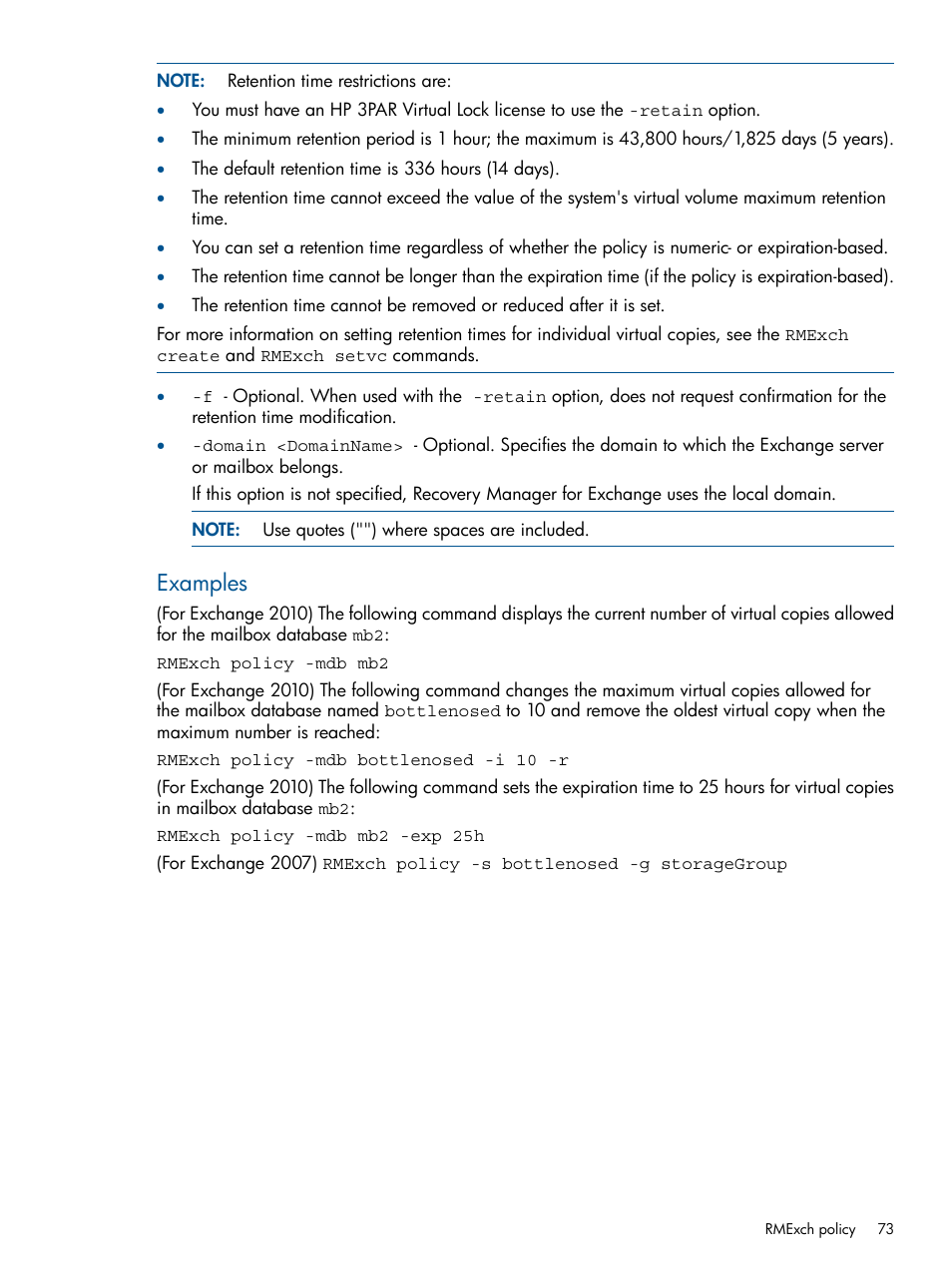 Examples | HP 3PAR Application Software Suite for Microsoft Exchange User Manual | Page 73 / 143