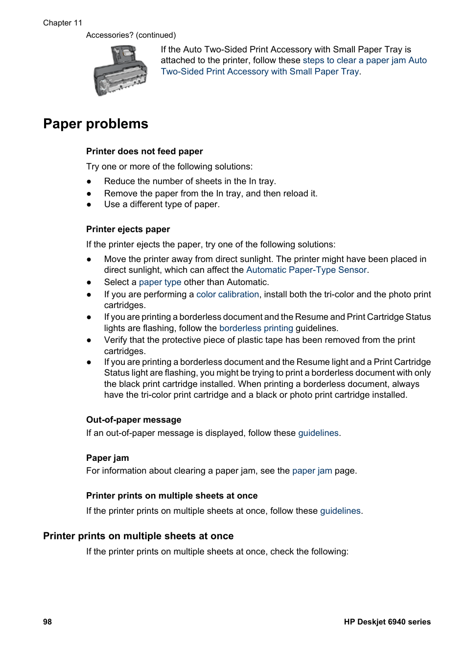Paper problems, Printer prints on multiple sheets at once, Printer ejects paper | HP Deskjet 6940 User Manual | Page 100 / 150