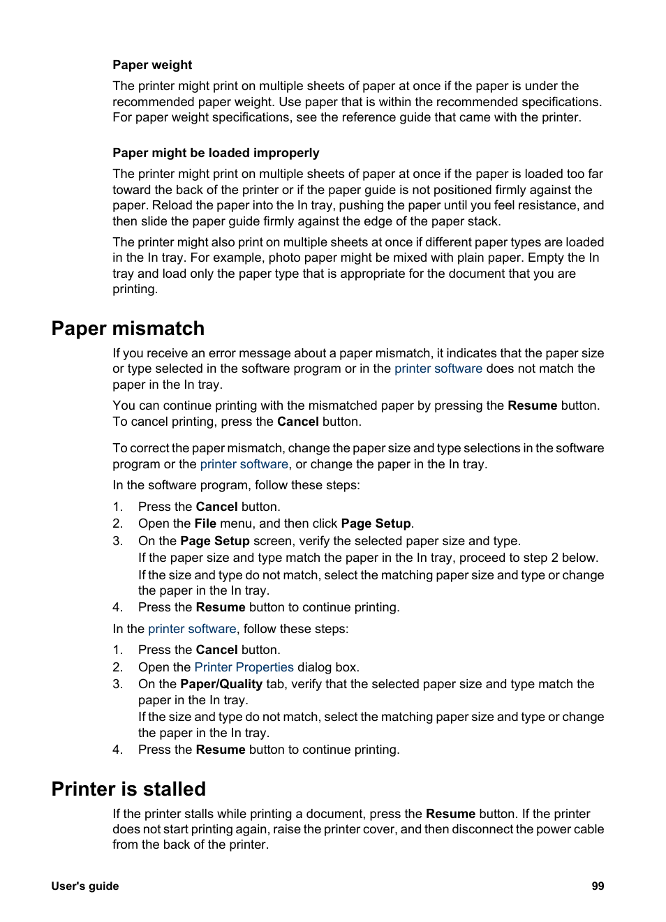 Paper mismatch, Printer is stalled, Paper mismatch printer is stalled | HP Deskjet 6940 User Manual | Page 101 / 150