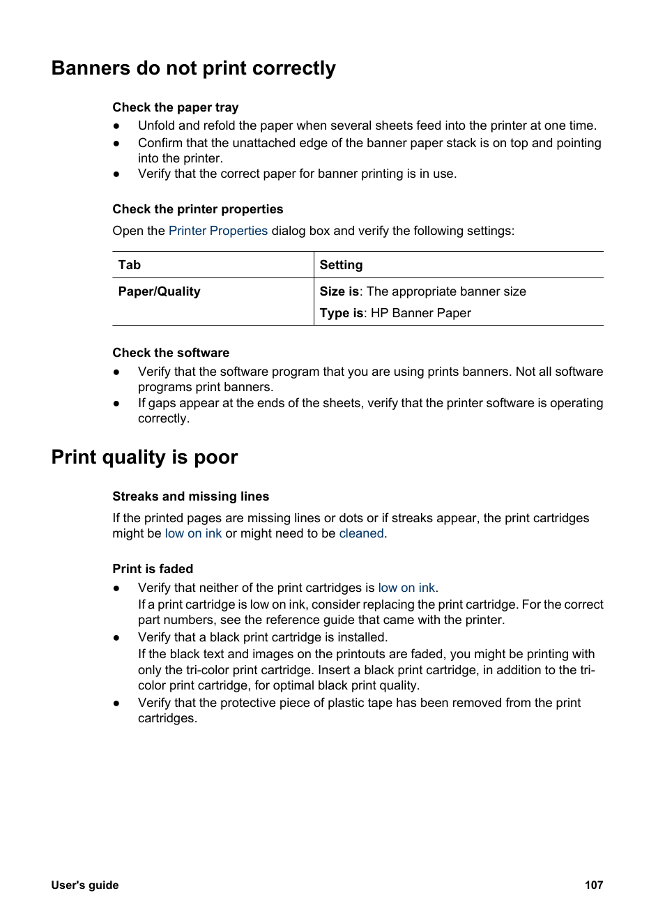 Banners do not print correctly, Print quality is poor | HP Deskjet 6940 User Manual | Page 109 / 150