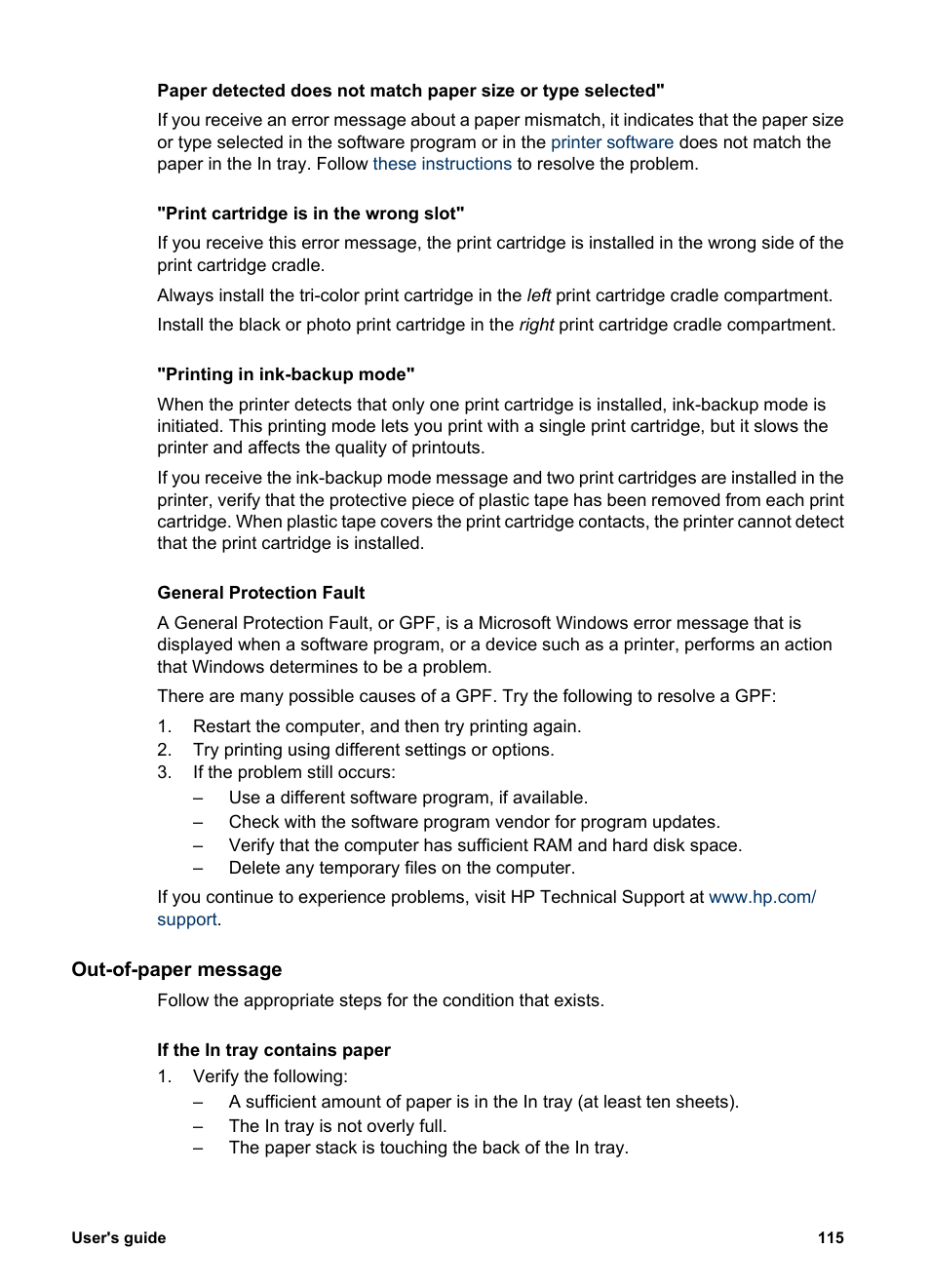 Out-of-paper message, Guidelines | HP Deskjet 6940 User Manual | Page 117 / 150