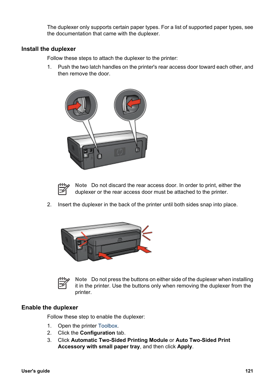 Install the duplexer, Enable the duplexer | HP Deskjet 6940 User Manual | Page 123 / 150