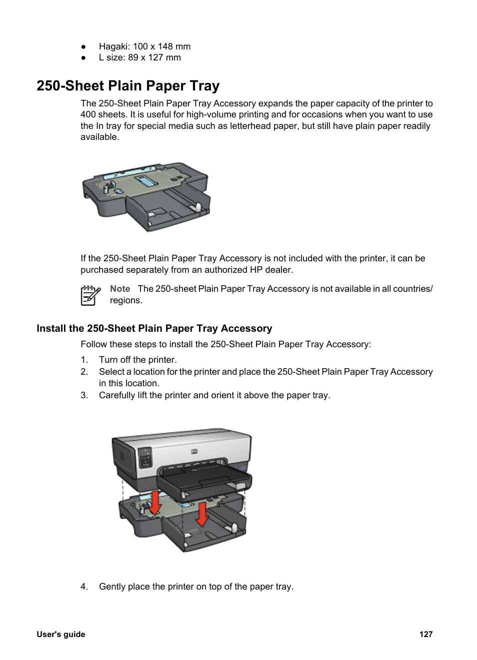 Sheet plain paper tray, Install the 250-sheet plain paper tray accessory, Sheet plain | Paper tray accessory, Sheet plain paper tray accessory | HP Deskjet 6940 User Manual | Page 129 / 150