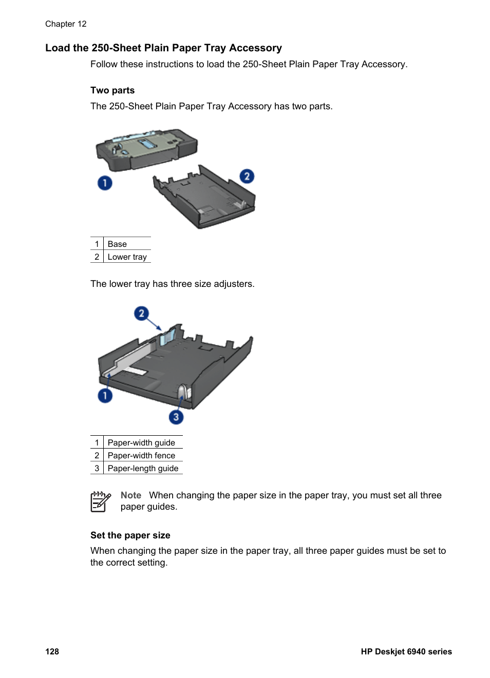 Load the 250-sheet plain paper tray accessory | HP Deskjet 6940 User Manual | Page 130 / 150