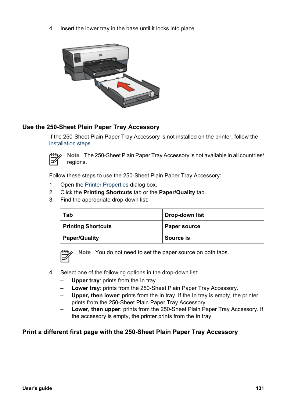 Use the 250-sheet plain paper tray accessory, Sheet plain paper tray accessory | HP Deskjet 6940 User Manual | Page 133 / 150