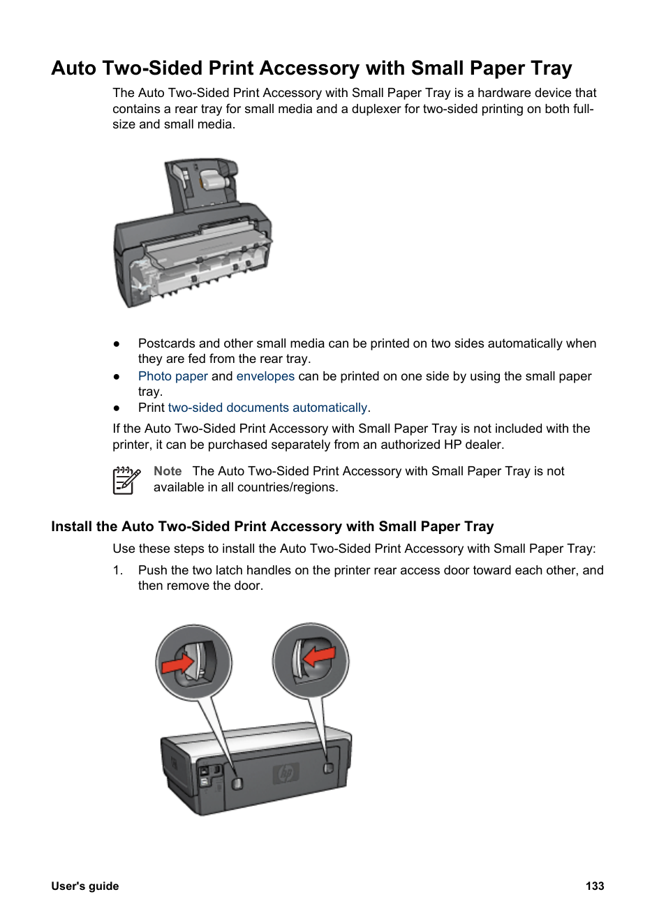 Auto two-sided print accessory with, Small paper tray | HP Deskjet 6940 User Manual | Page 135 / 150