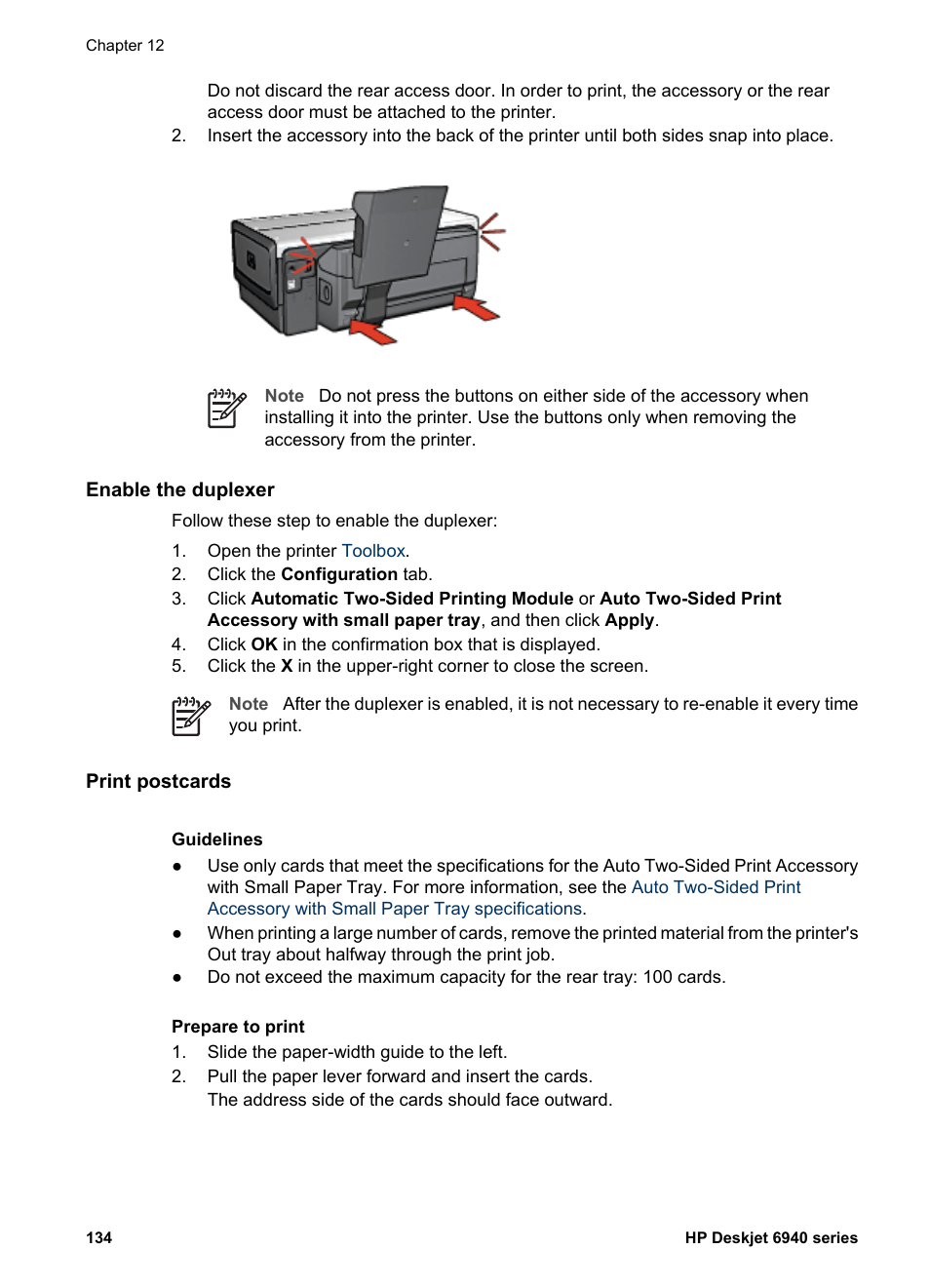 Enable the duplexer, Print postcards, Steps for printing | HP Deskjet 6940 User Manual | Page 136 / 150