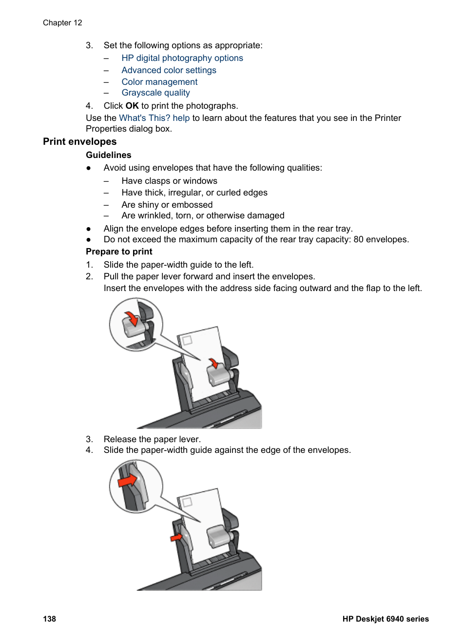 Print envelopes, Envelopes | HP Deskjet 6940 User Manual | Page 140 / 150