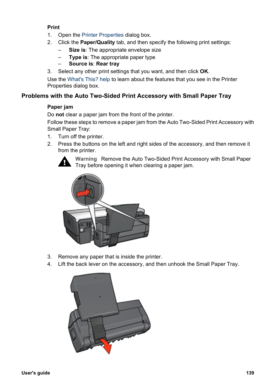 Steps to clear a paper jam auto, Two-sided print accessory with small paper tray | HP Deskjet 6940 User Manual | Page 141 / 150