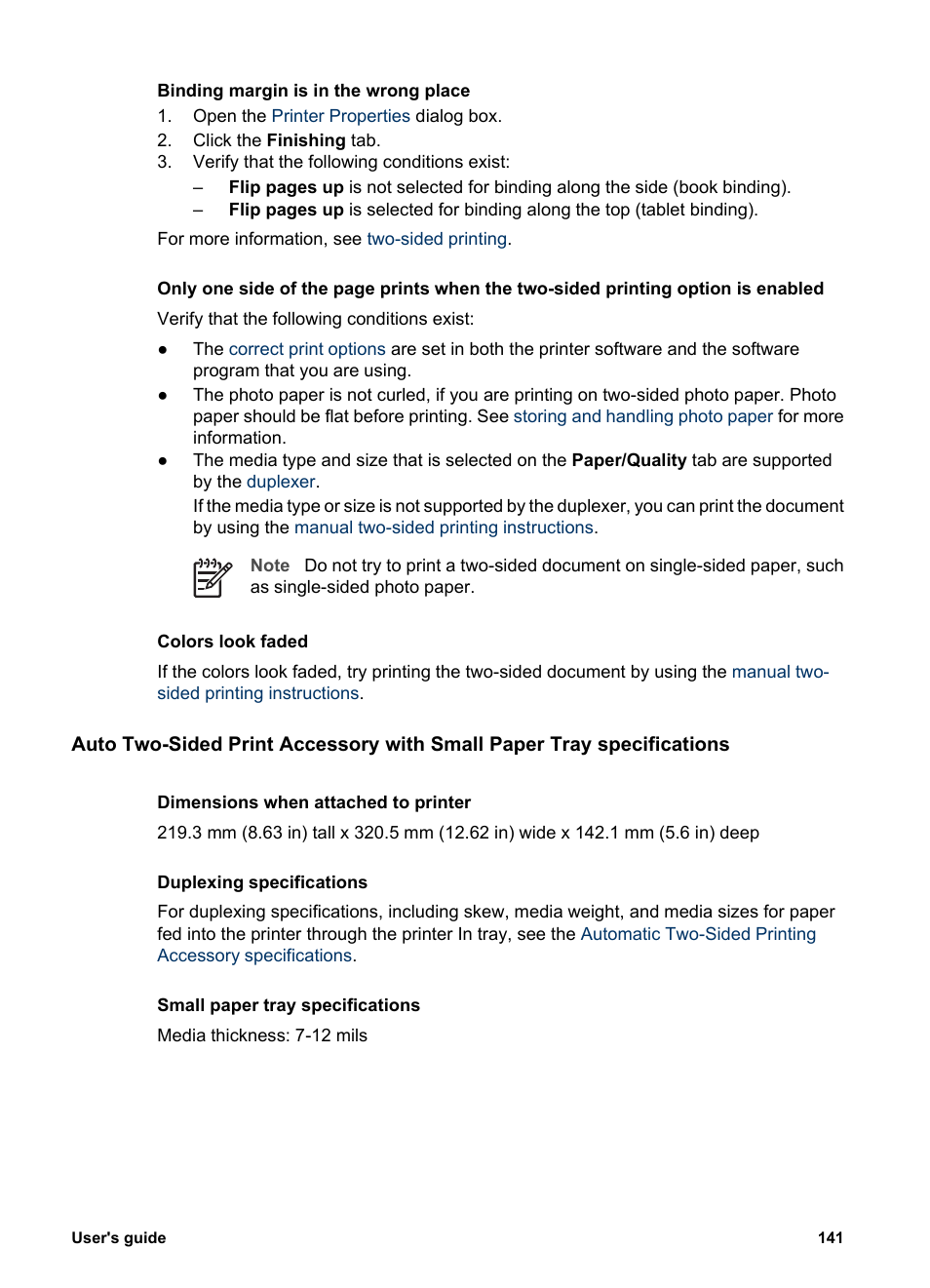Auto two-sided print, Accessory with small paper tray specifications | HP Deskjet 6940 User Manual | Page 143 / 150