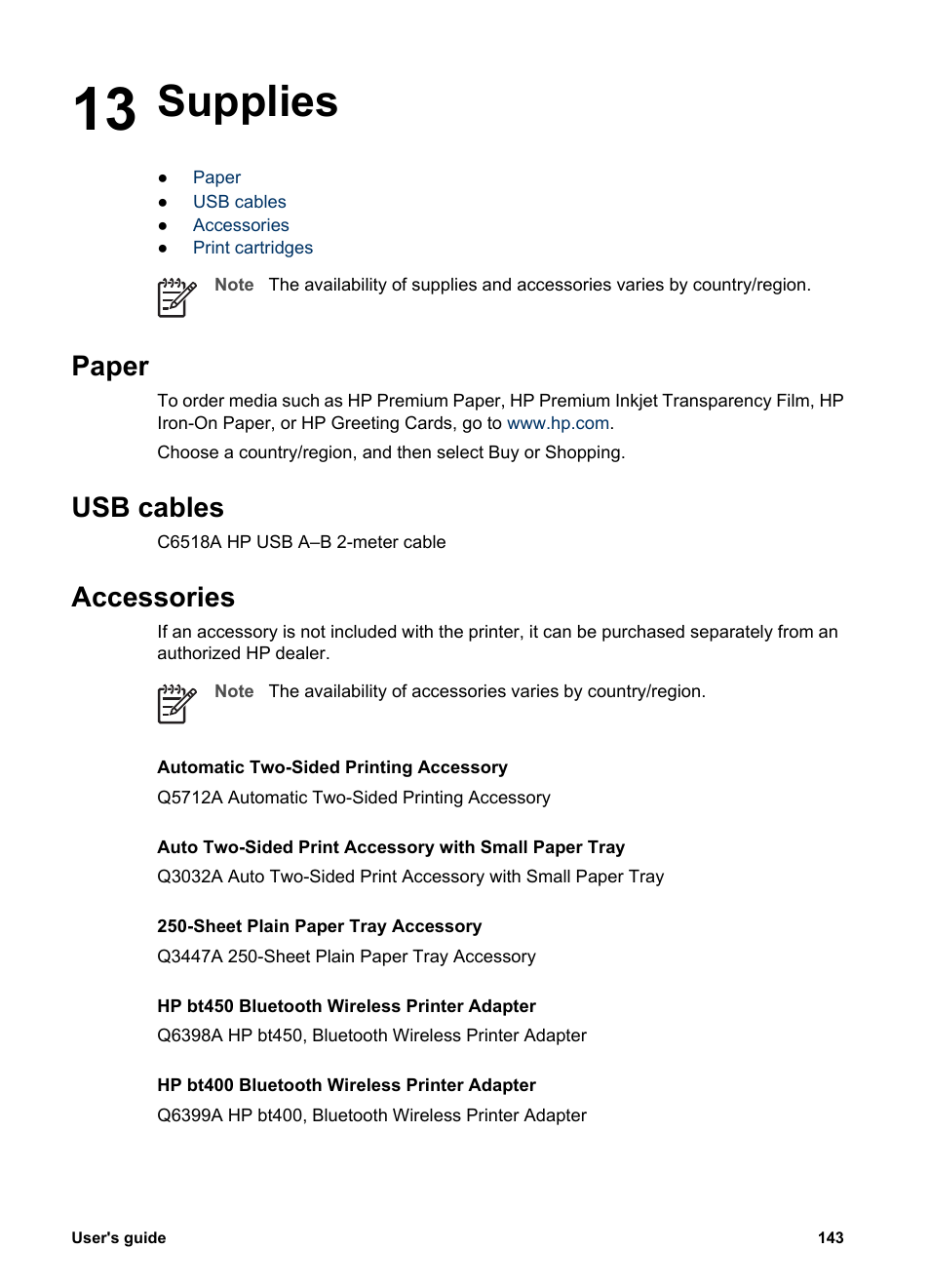 Supplies, Paper, Usb cables | Accessories, 13 supplies, Paper usb cables accessories, Accessory supply list | HP Deskjet 6940 User Manual | Page 145 / 150