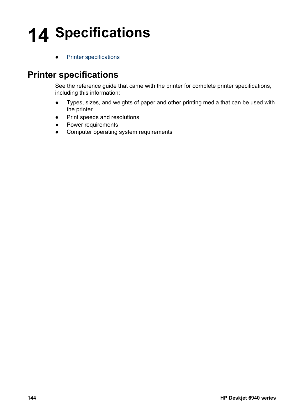 Specifications, Printer specifications, 14 specifications | HP Deskjet 6940 User Manual | Page 146 / 150