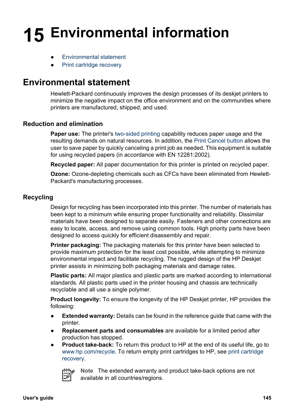 Environmental information, Environmental statement, Reduction and elimination | Recycling, 15 environmental information | HP Deskjet 6940 User Manual | Page 147 / 150