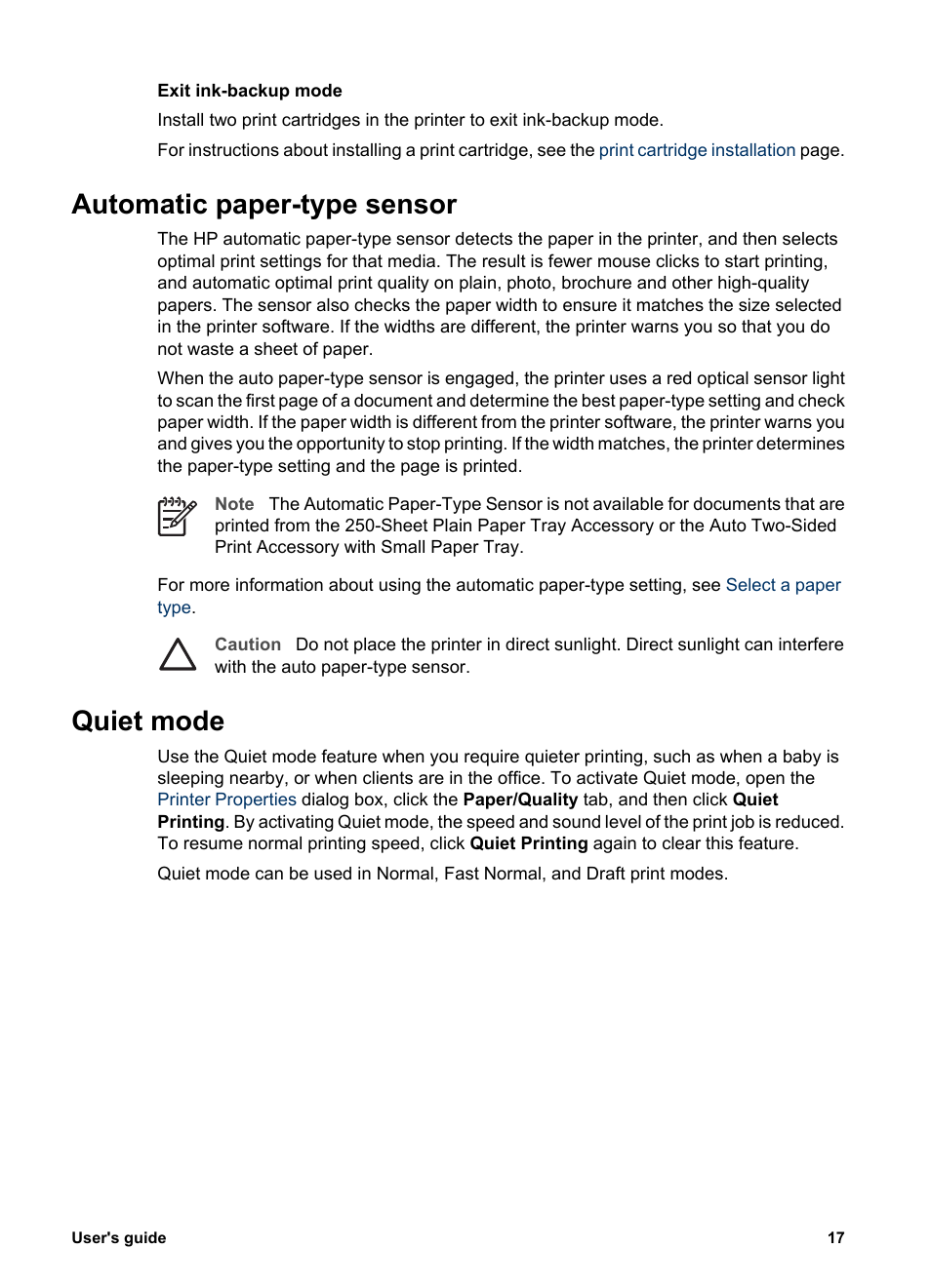 Automatic paper-type sensor, Quiet mode, Automatic paper-type sensor quiet mode | Auto paper-type sensor, Quiet mode feature | HP Deskjet 6940 User Manual | Page 19 / 150