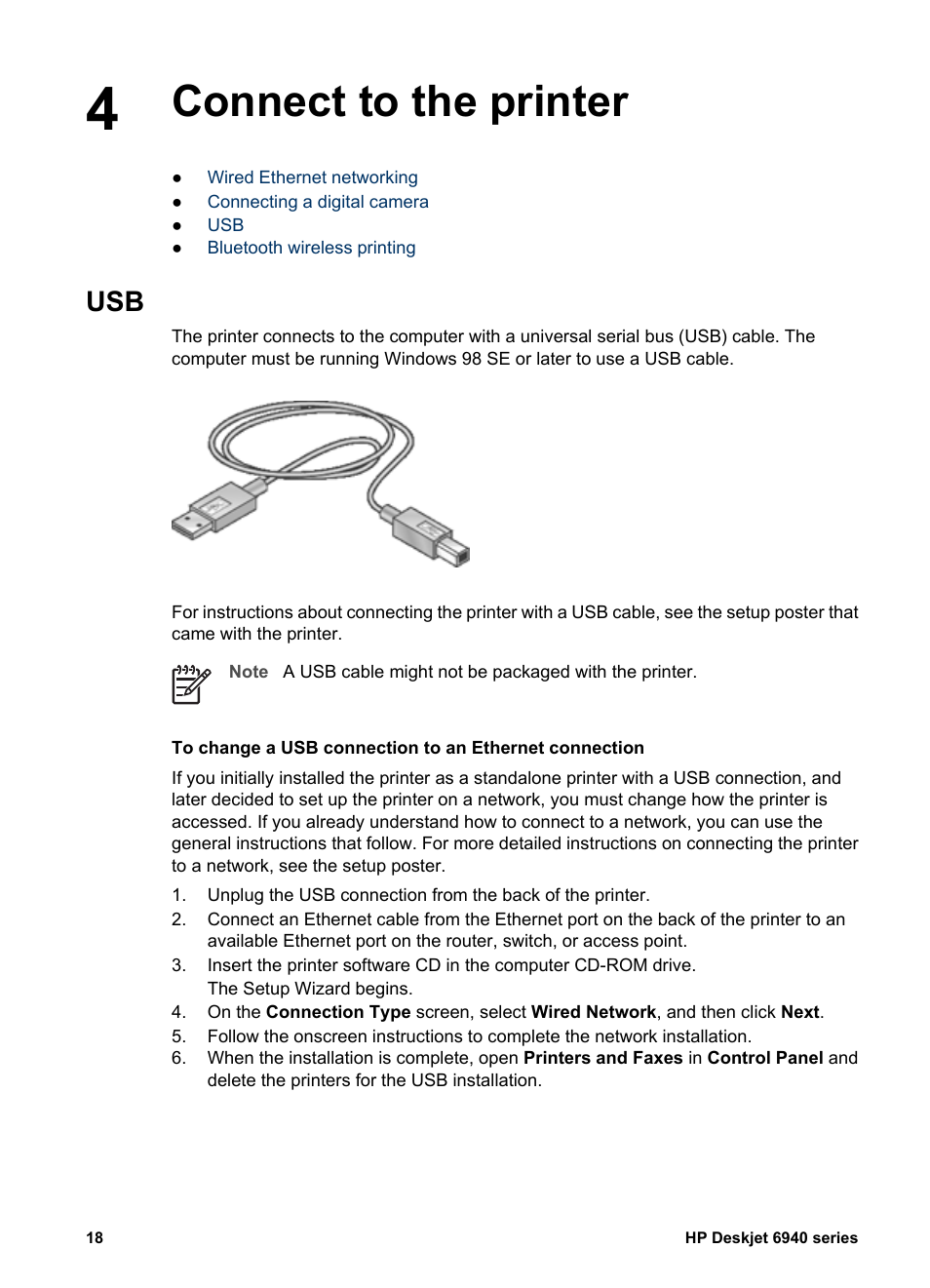 Connect to the printer, Connect to the printer usb, Rear usb port | HP Deskjet 6940 User Manual | Page 20 / 150