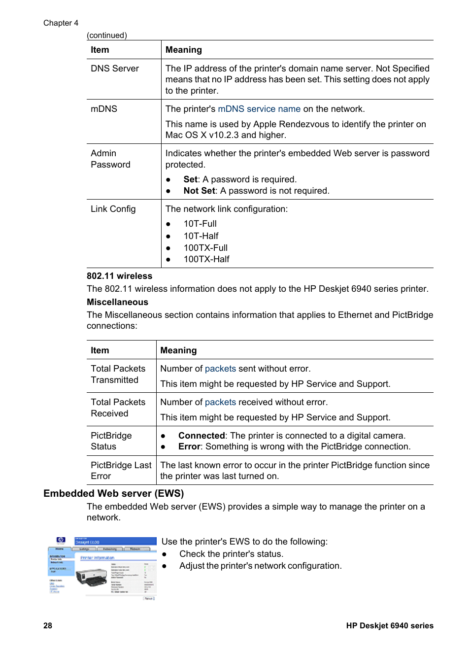 Embedded web server (ews), Embedded web, Server | HP Deskjet 6940 User Manual | Page 30 / 150