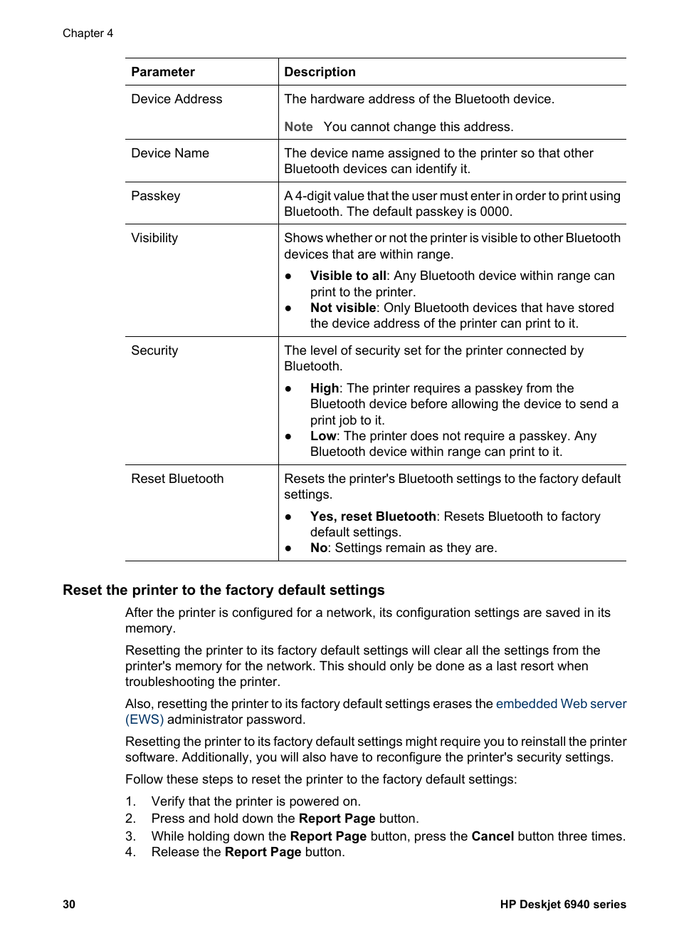 Reset the printer to the factory default settings, Reset the printer, To the factory | HP Deskjet 6940 User Manual | Page 32 / 150