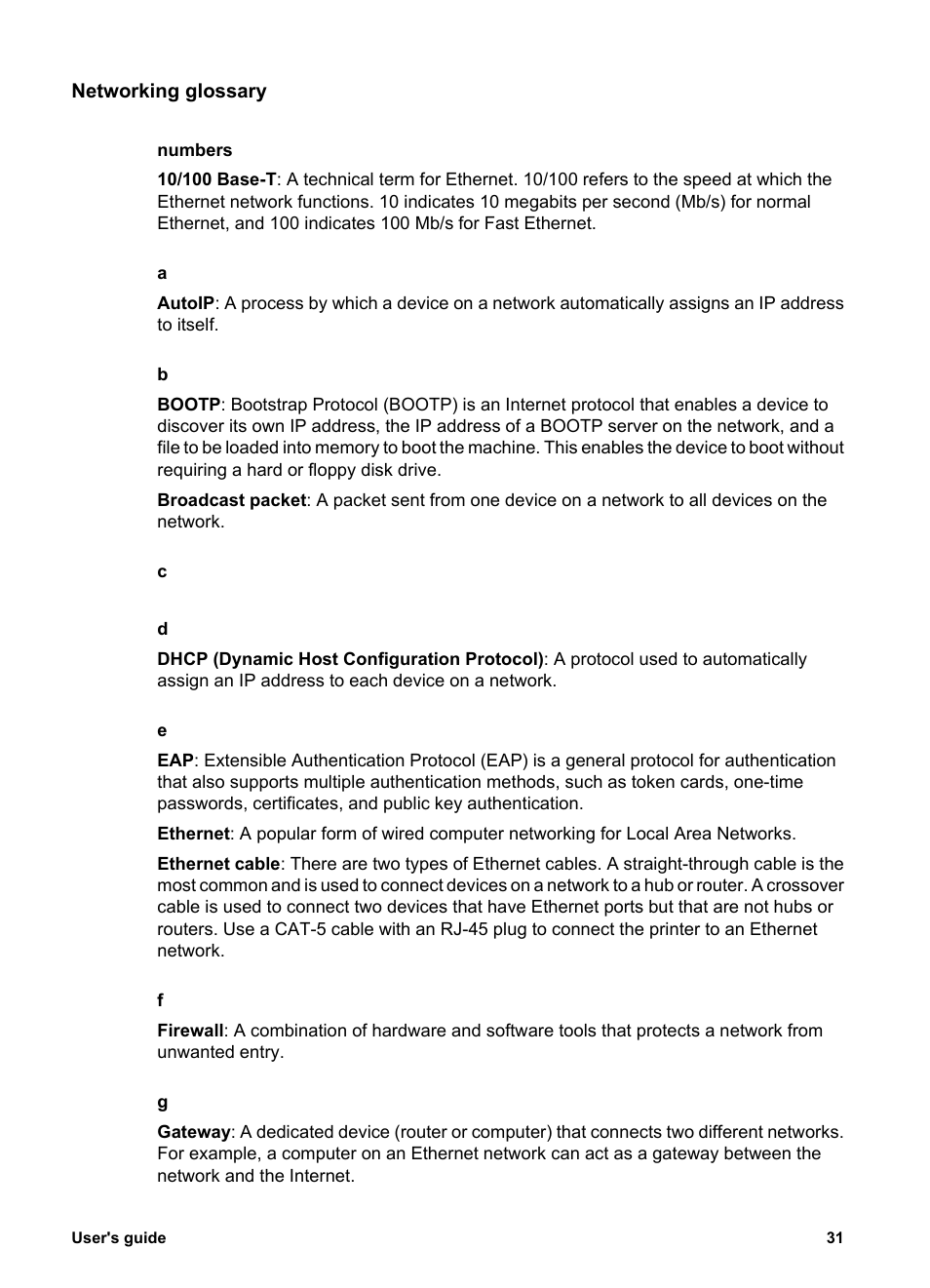 Networking glossary, Glossary, Base-t | Firewalls, Dhcp, A rou, As a, Gateway, Autoip, Ethernet cable | HP Deskjet 6940 User Manual | Page 33 / 150