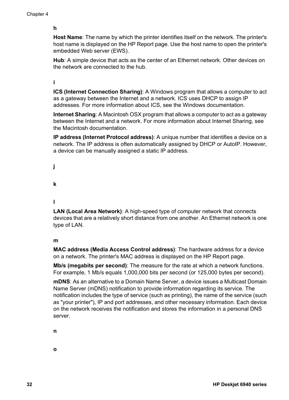 Ip address, Is assi, Internet connection | Sharing (ics), Windows internet connection sharing (ics), Devices, Media access control (mac) address, Host name, The printer's current, Mdns service name | HP Deskjet 6940 User Manual | Page 34 / 150