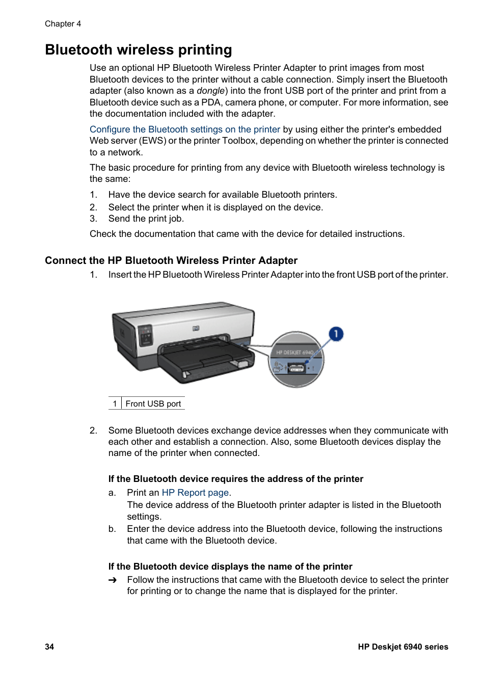 Bluetooth wireless printing, Connect the hp bluetooth wireless printer adapter | HP Deskjet 6940 User Manual | Page 36 / 150