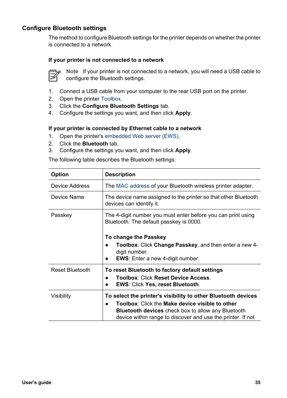 Configure bluetooth settings, Bluetooth settings | HP Deskjet 6940 User Manual | Page 37 / 150