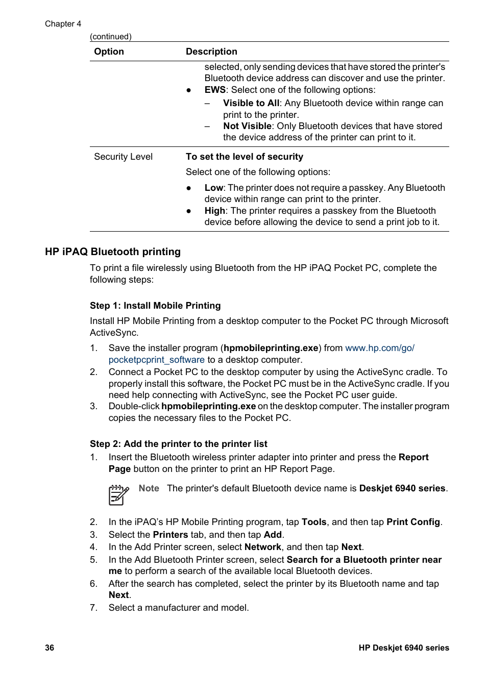 Hp ipaq bluetooth printing | HP Deskjet 6940 User Manual | Page 38 / 150