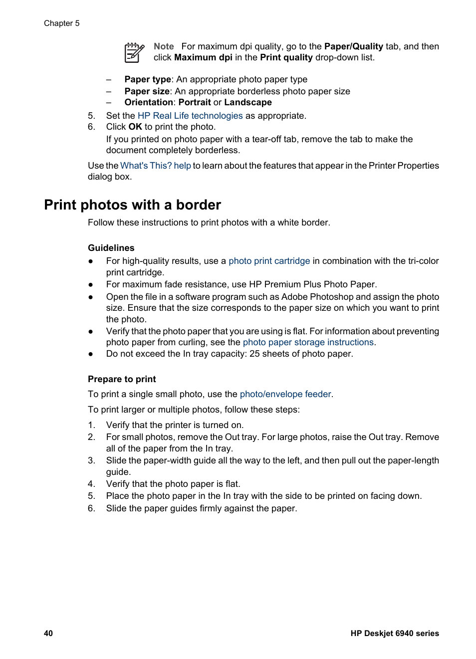 Print photos with a border, Border | HP Deskjet 6940 User Manual | Page 42 / 150