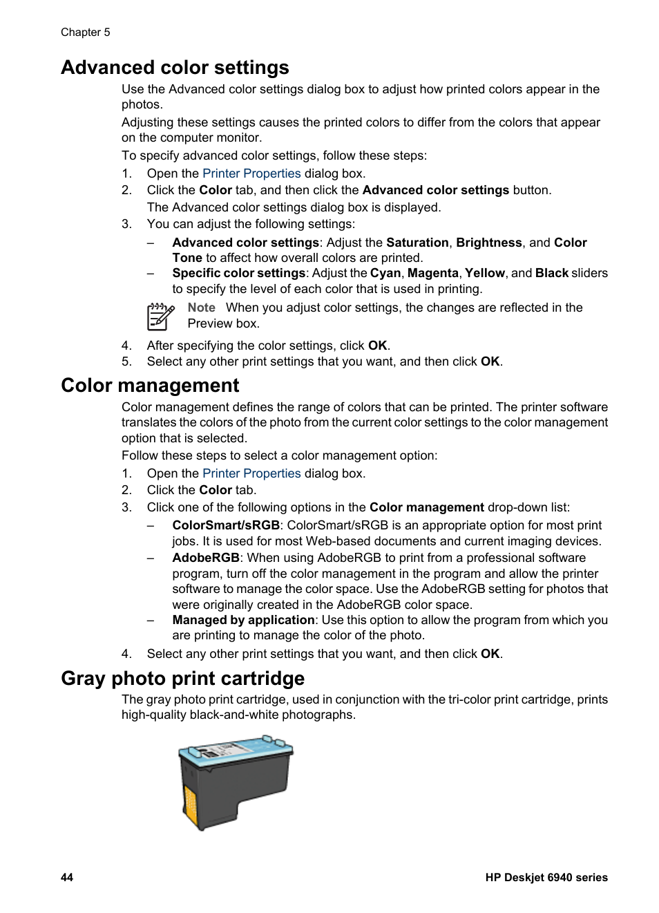 Advanced color settings, Color management, Gray photo print cartridge | HP Deskjet 6940 User Manual | Page 46 / 150