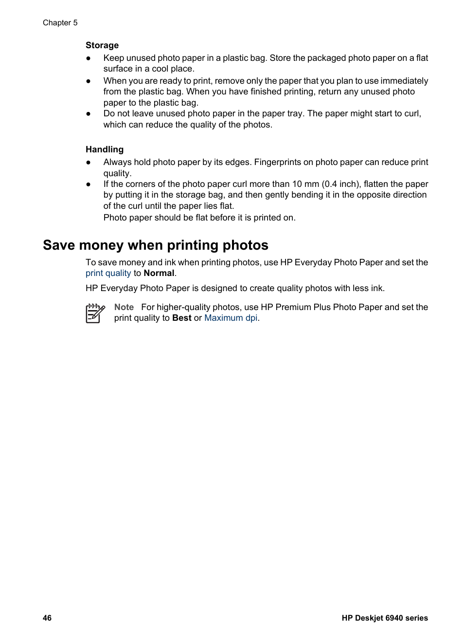 Save money when printing photos, R to, Save money and ink | HP Deskjet 6940 User Manual | Page 48 / 150
