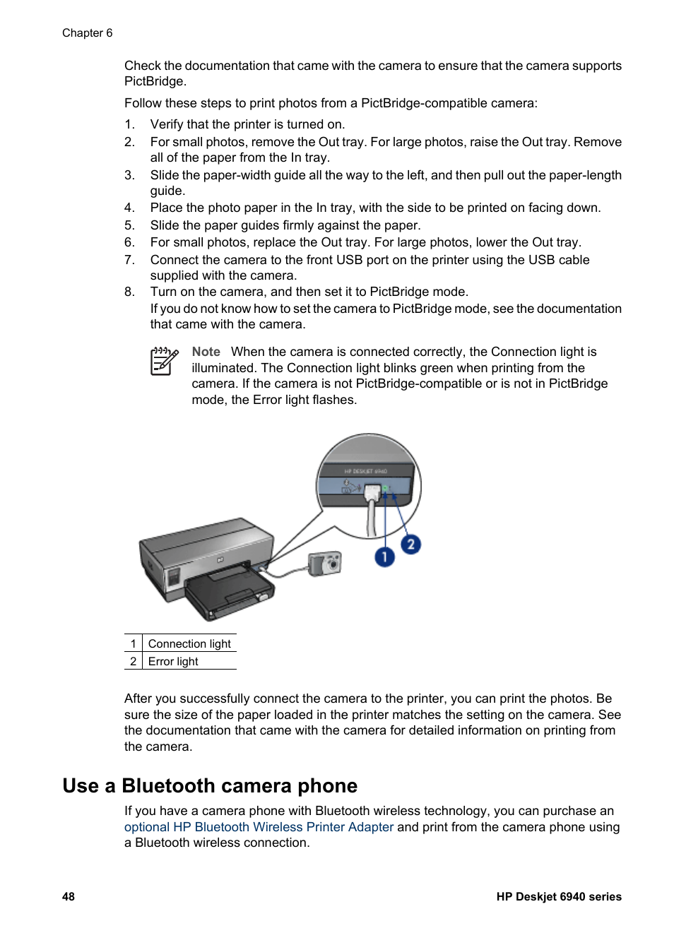 Use a bluetooth camera phone, Hp bluetooth wireless printer adapter | HP Deskjet 6940 User Manual | Page 50 / 150