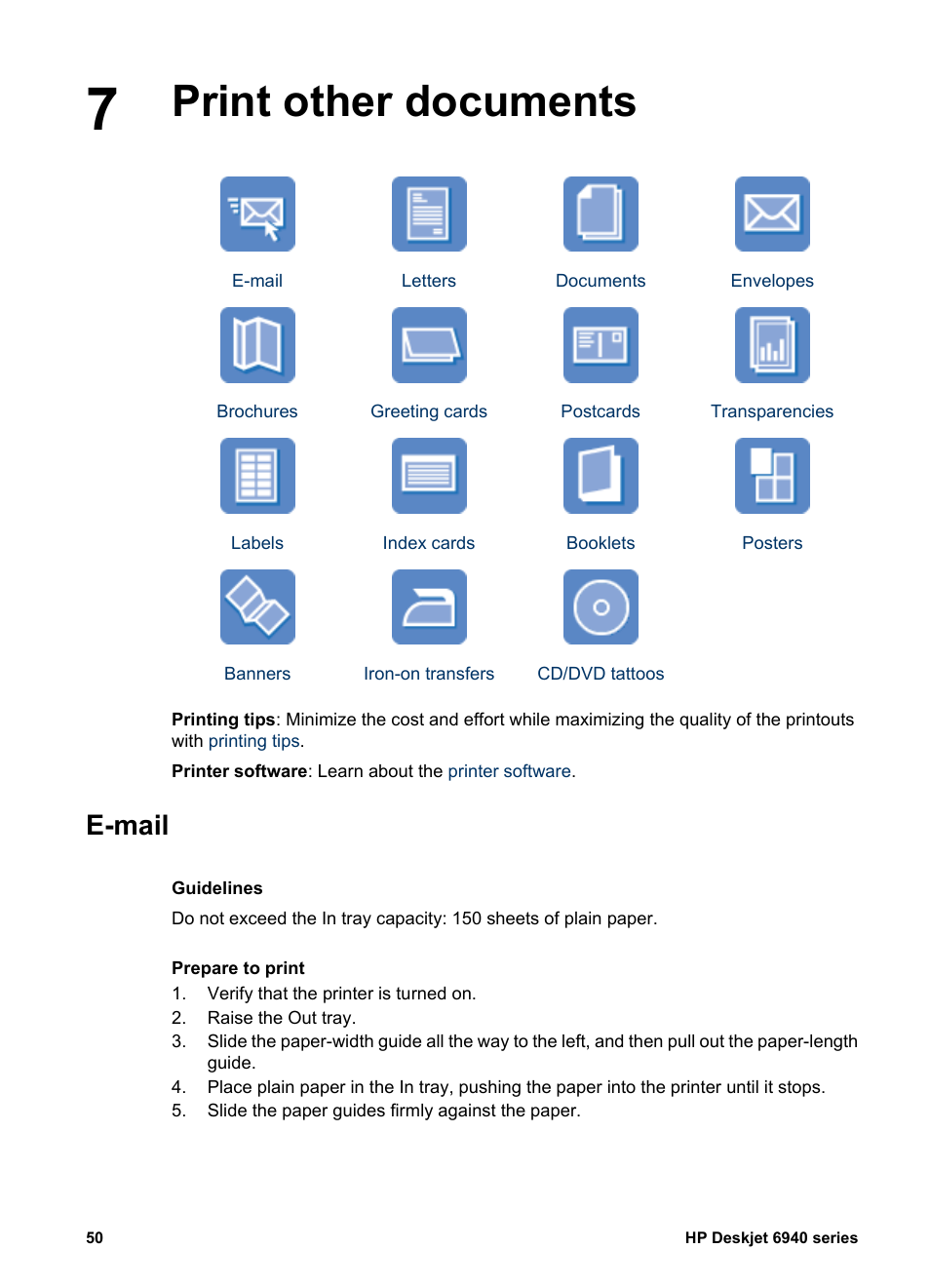 Print other documents, E-mail, Print other documents e-mail | HP Deskjet 6940 User Manual | Page 52 / 150
