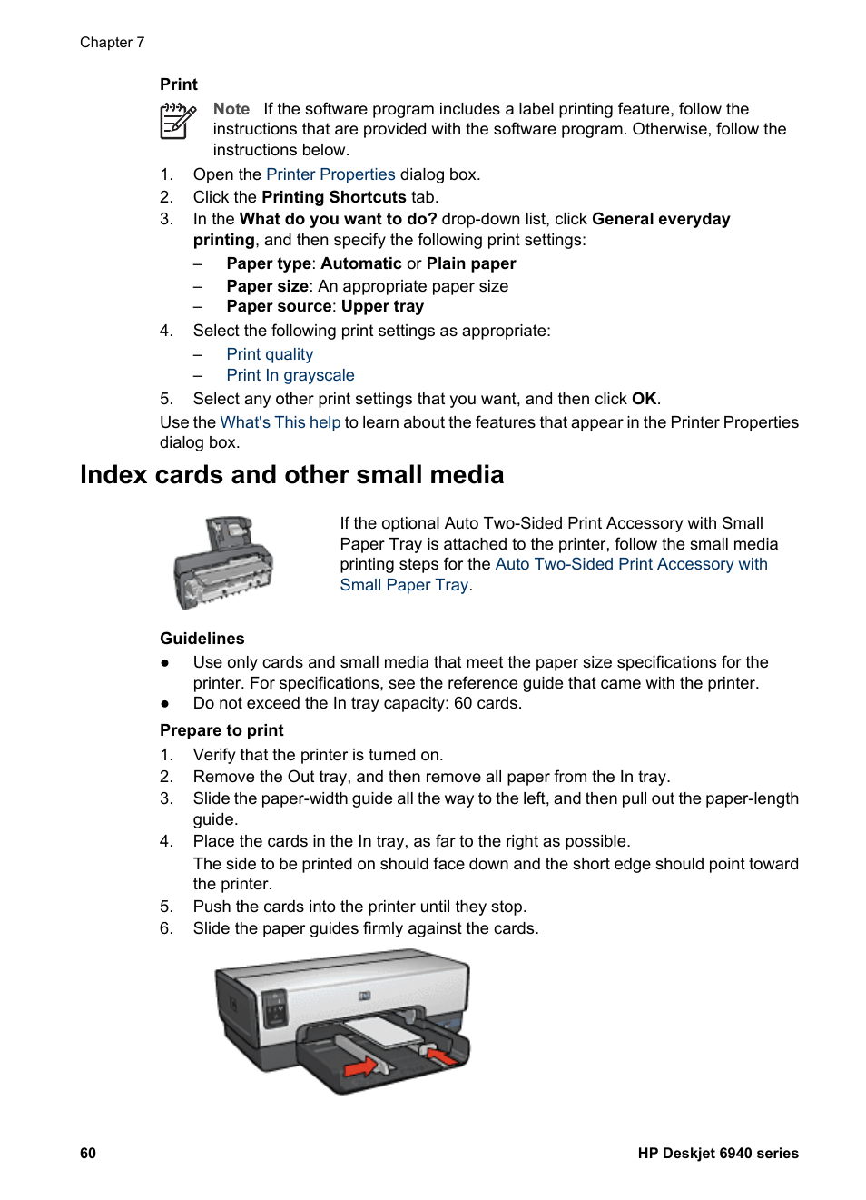 Index cards and other small media, Index cards | HP Deskjet 6940 User Manual | Page 62 / 150