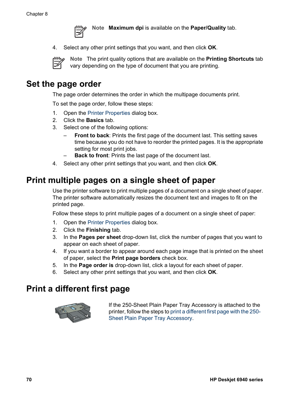 Set the, Order, Print | Different paper type, Set the page order, Print multiple pages on a single sheet of paper, Print a different first page | HP Deskjet 6940 User Manual | Page 72 / 150