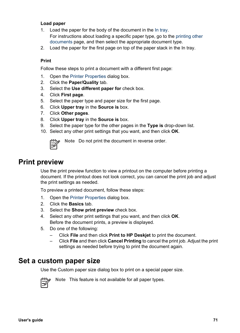 Print preview, Set a custom paper size, Print preview set a custom paper size | Preview, Custom paper size | HP Deskjet 6940 User Manual | Page 73 / 150