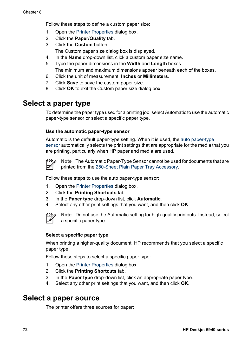 Select a paper type, Select a paper source, Select a paper type select a paper source | Select a paper, Type, Paper source, Paper type | HP Deskjet 6940 User Manual | Page 74 / 150