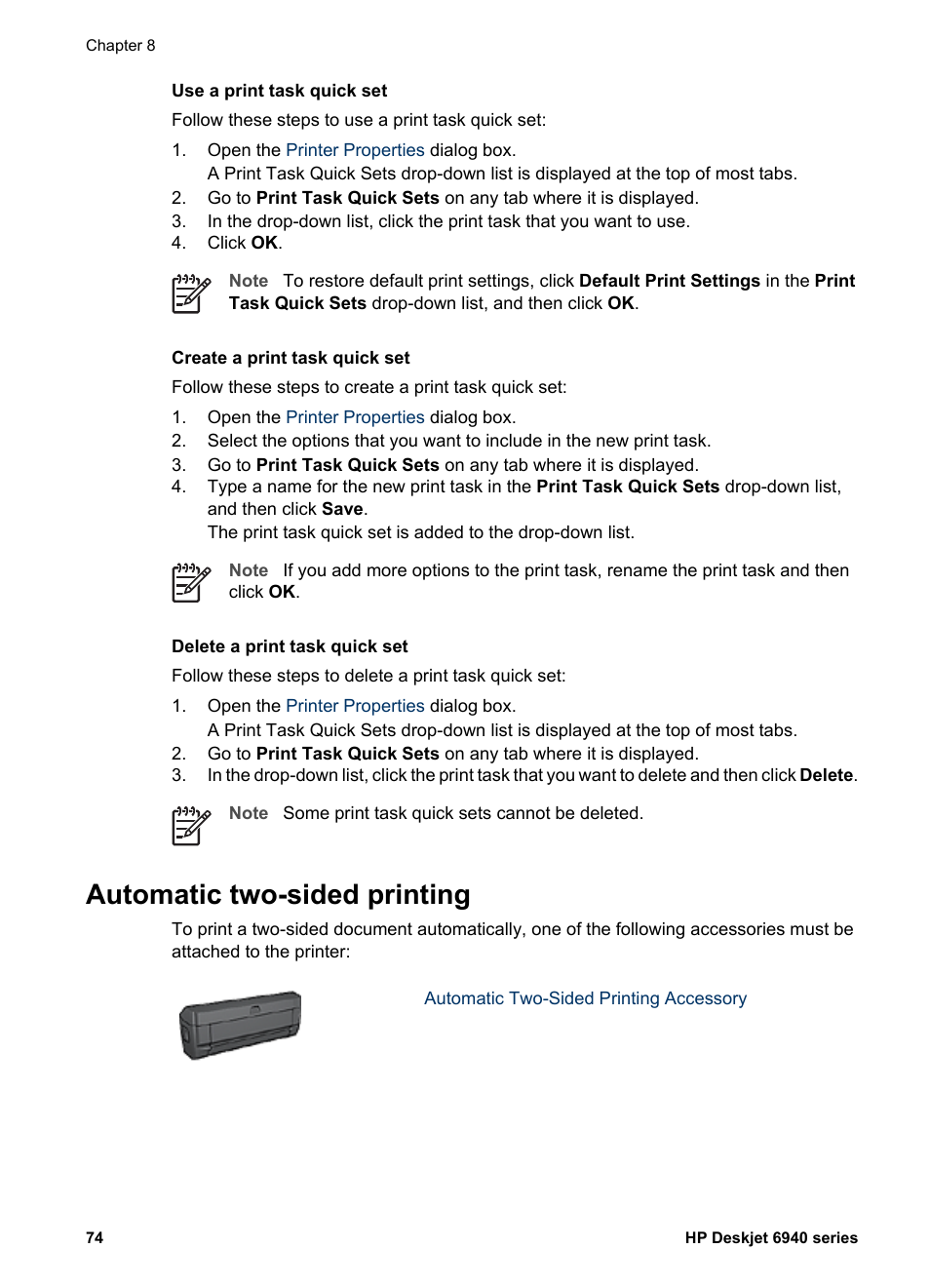 Automatic two-sided printing, Print on both sides, Steps | To print a booklet automatically, Automatically | HP Deskjet 6940 User Manual | Page 76 / 150