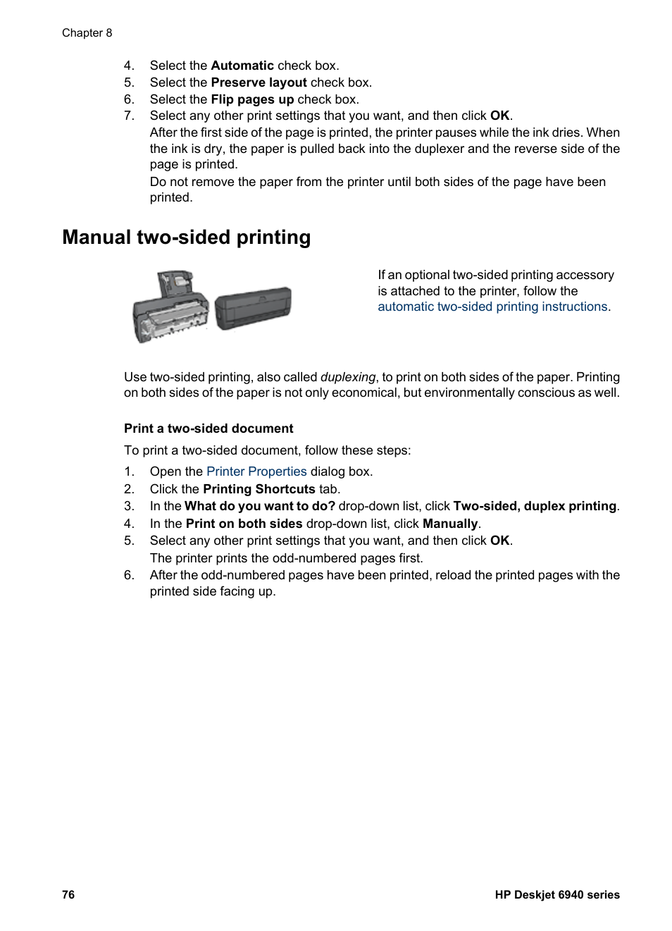 Manual two-sided printing, Two-sided printing, Print on both sides | Manually, Two-sided, duplex printing | HP Deskjet 6940 User Manual | Page 78 / 150