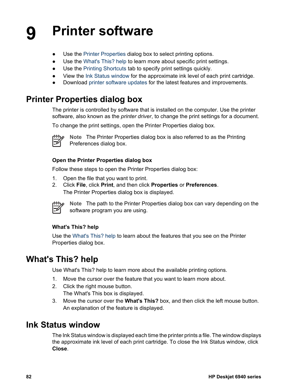 Printer software, Printer properties dialog box, What's this? help | Ink status window, Printer properties, What's this help | HP Deskjet 6940 User Manual | Page 84 / 150