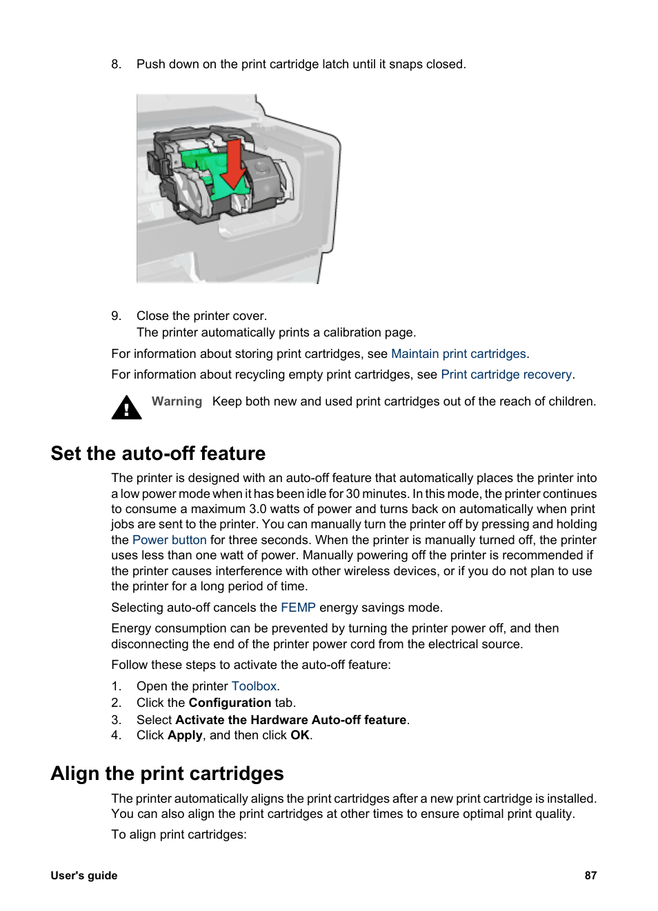 Set the auto-off feature, Align the print cartridges, Auto-off feature | HP Deskjet 6940 User Manual | Page 89 / 150