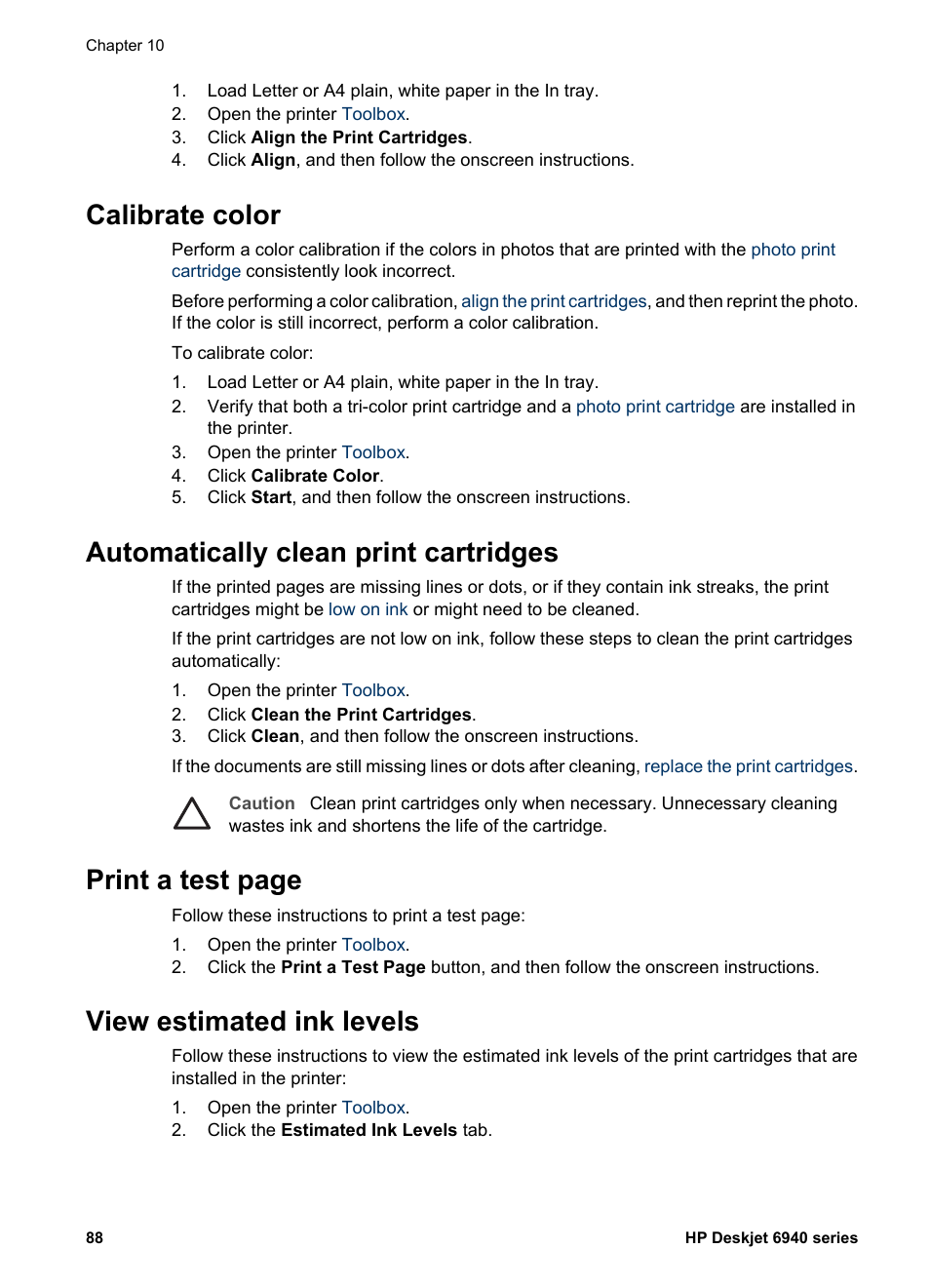 Calibrate color, Automatically clean print cartridges, View estimated ink levels | Print a test page | HP Deskjet 6940 User Manual | Page 90 / 150