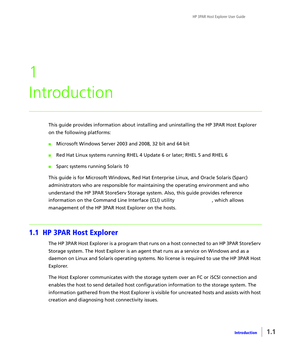 Introduction, 1 hp 3par host explorer, Hp 3par host explorer | 1 introduction | HP 3PAR Host Explorer Software User Manual | Page 7 / 24