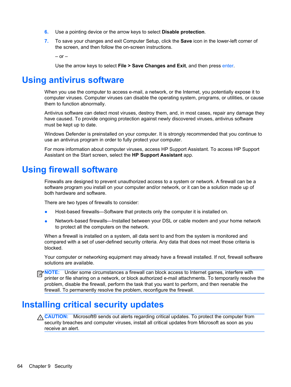 Using antivirus software, Using firewall software, Installing critical security updates | HP ProBook 655 G1 Notebook PC User Manual | Page 74 / 106