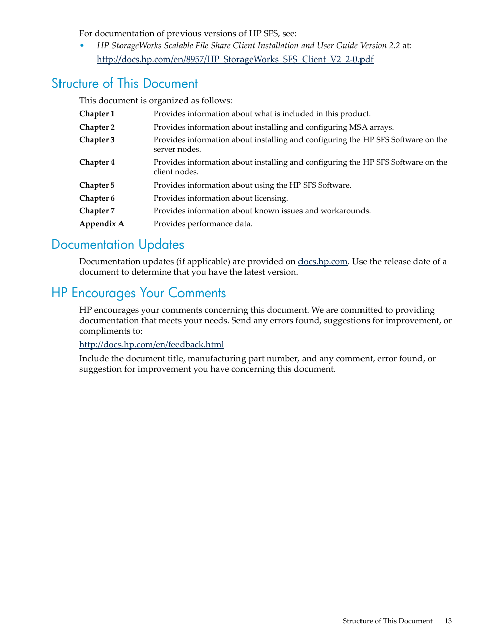 Structure of this document, Documentation updates, Hp encourages your comments | HP StorageWorks Scalable File Share User Manual | Page 13 / 84