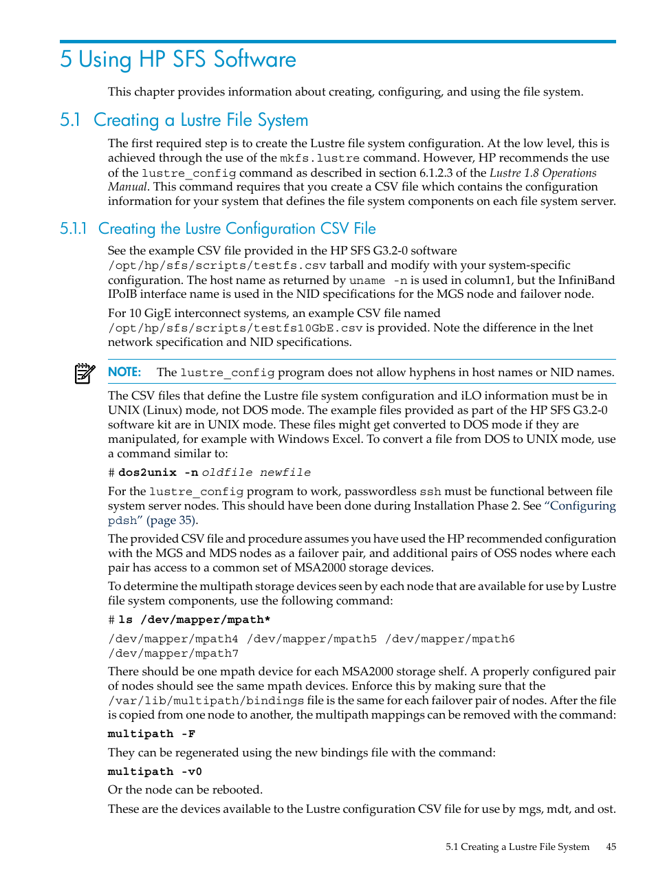 5 using hp sfs software, 1 creating a lustre file system, 1 creating the lustre configuration csv file | HP StorageWorks Scalable File Share User Manual | Page 45 / 84