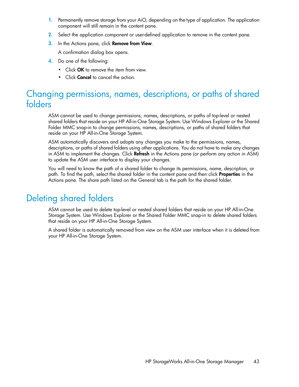 Deleting shared folders, 43 deleting shared folders | HP StorageWorks All-in-One SB600c Storage Blade User Manual | Page 43 / 80